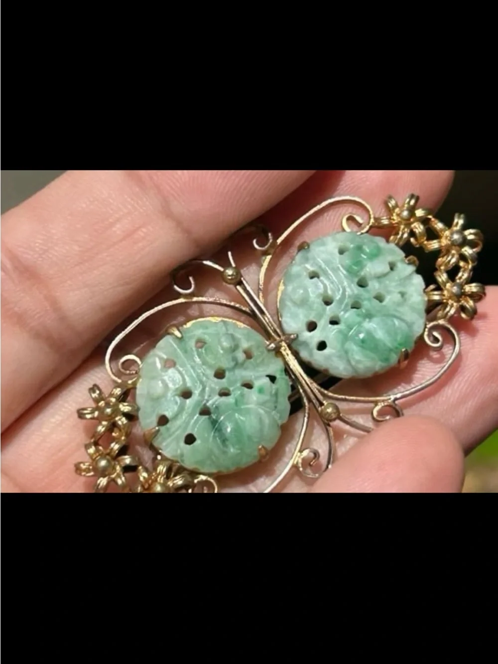 Chinese Export Gold Vermeil Filigree Silver Carved Jade Jadeite butterfly pin